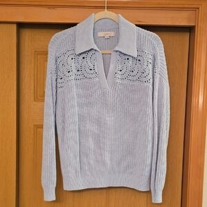 LOFT Crochet Yoke Collared V‑Neck Sweater